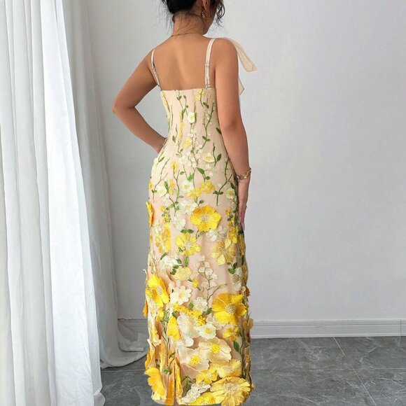 yellow Elegant Women's Mesh 3d Flower print Strap tie Maxi Dress - Picture 2 of 4